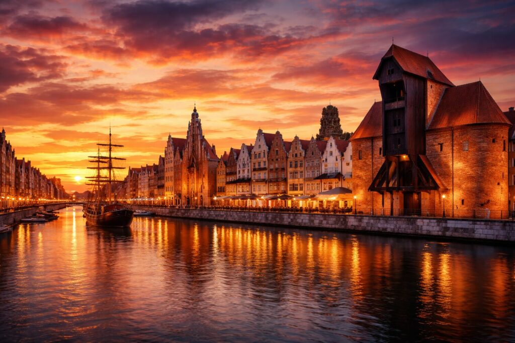 Polonia on the road: itinerario di 11 giorni tra Breslavia, Cracovia, Varsavia e Danzica 5 Itinerario Polonia 11 giorni - Danzica al tramonto sul fiume Motława