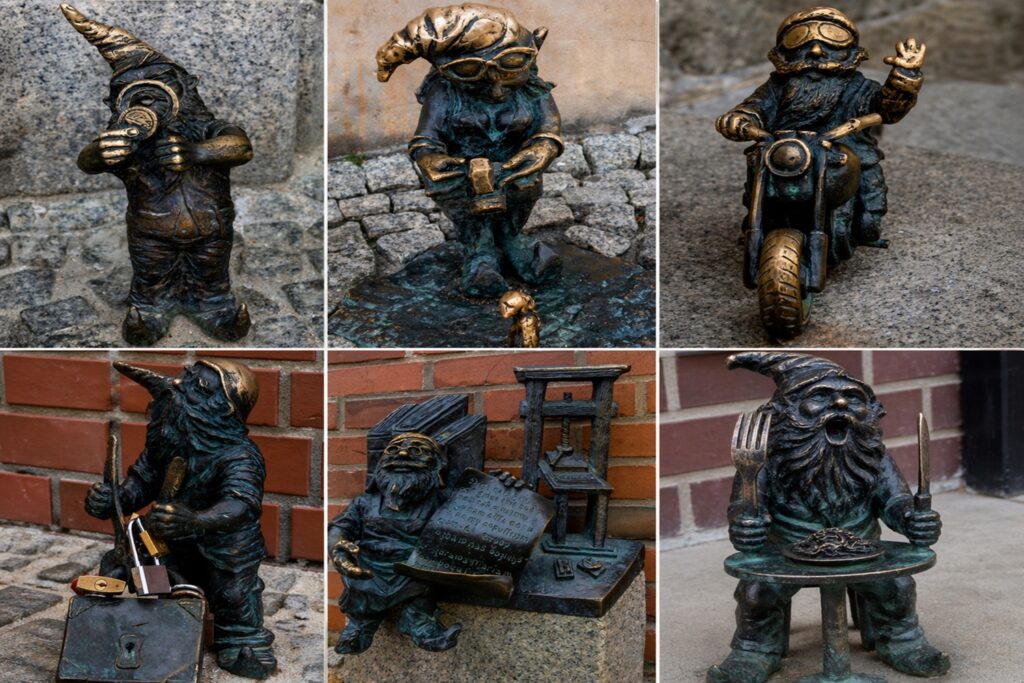 collage gnomi di Breslavia statue in bronzo centro storico
