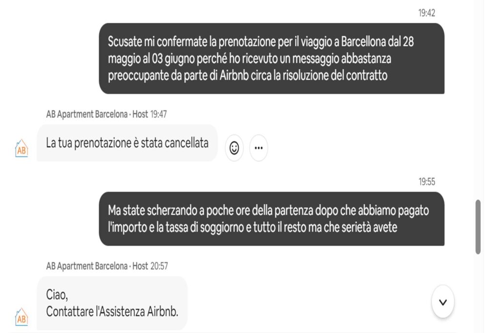 cancellazione airbnb: Screenshot della conversazione Airbnb in cui l'host comunica la cancellazione della prenotazione e invita a contattare l'assistenza.