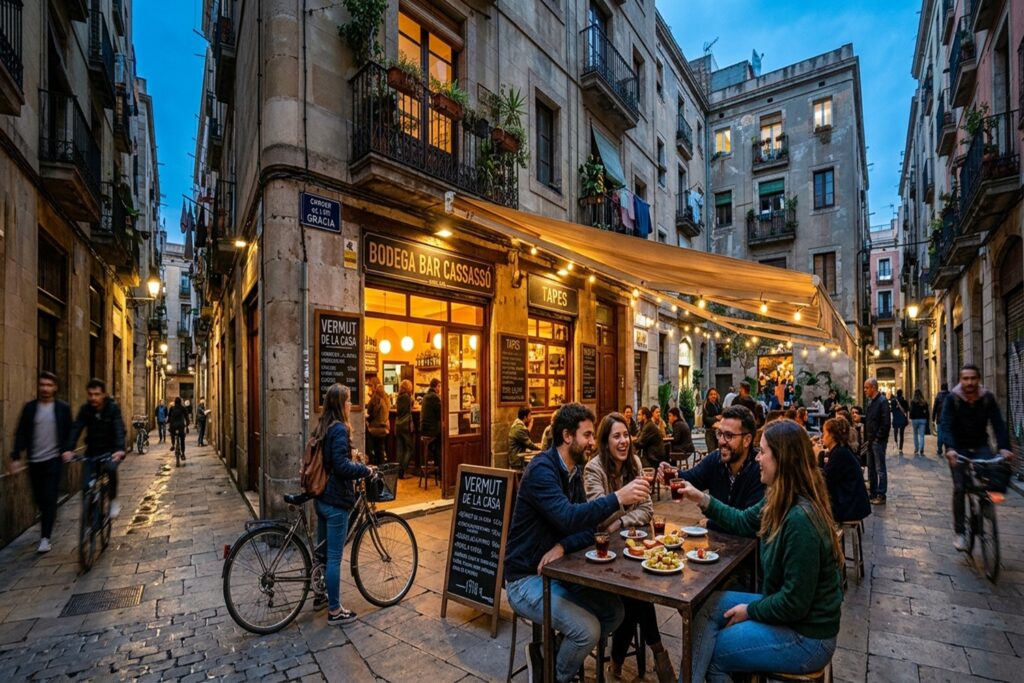 Barcellona in 6 giorni: molto più della città di Gaudí 2 Barcellona in 6 giorni: Scorcio serale del quartiere Gràcia a Barcellona con bar, tavolini all'aperto e atmosfera vivace.