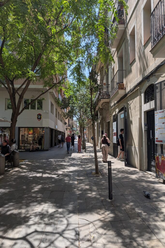 cancellazione airbnb: Strada alberata del quartiere Gràcia a Barcellona, una delle zone più autentiche e vivibili della città.