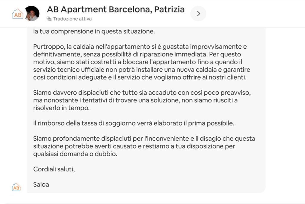 cancellazione airbnb:  il messaggio dell'agenzia che spiega il guasto alla caldaia dell'appartamento, conferma il rimborso della tassa di soggiorno e presenta le proprie scuse per la cancellazione della prenotazione.