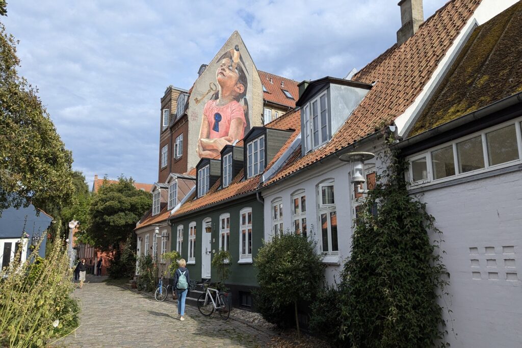 Danimarca on the Road: il viaggio che non ti aspetti 16 Le caratteristiche case colorate di Møllestien ad Aarhus, una delle vie più suggestive della città, con il grande murale che domina il quartiere storico.