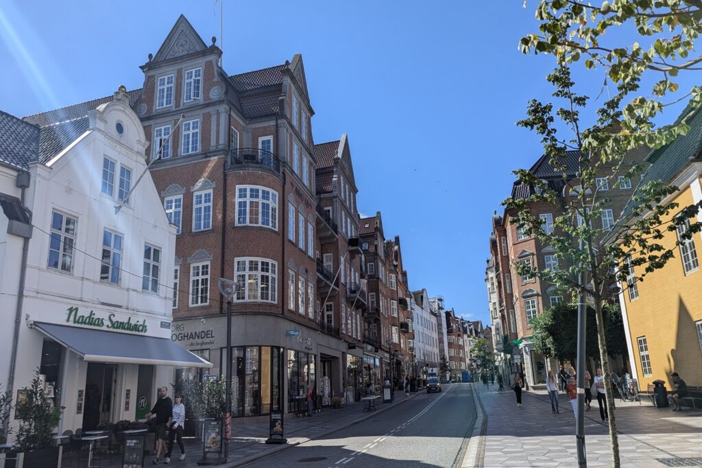 Danimarca on the Road: il viaggio che non ti aspetti 3 Una strada del centro storico di Aalborg con eleganti edifici in mattoni, negozi e l'atmosfera tranquilla della città danese.