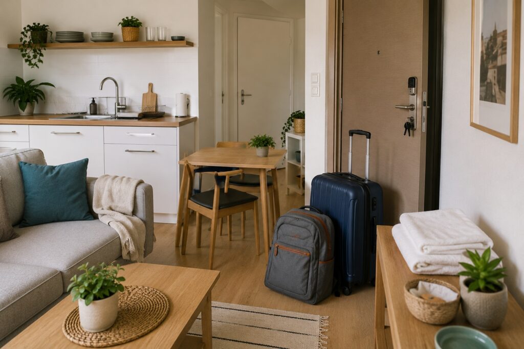 Come scegliamo un appartamento o un hotel quando viaggiamo 5 Appartamento lasciato in ordine con bagagli pronti vicino alla porta