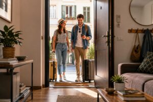 Come scegliamo un appartamento o un hotel quando viaggiamo 1 Coppia di viaggiatori con valigie all'arrivo in un appartamento