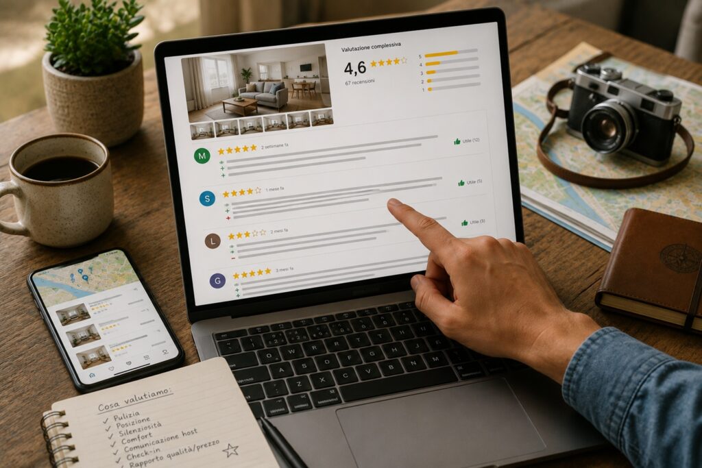 Come scegliamo un appartamento o un hotel quando viaggiamo 3 Viaggiatore che confronta le recensioni online di un alloggio